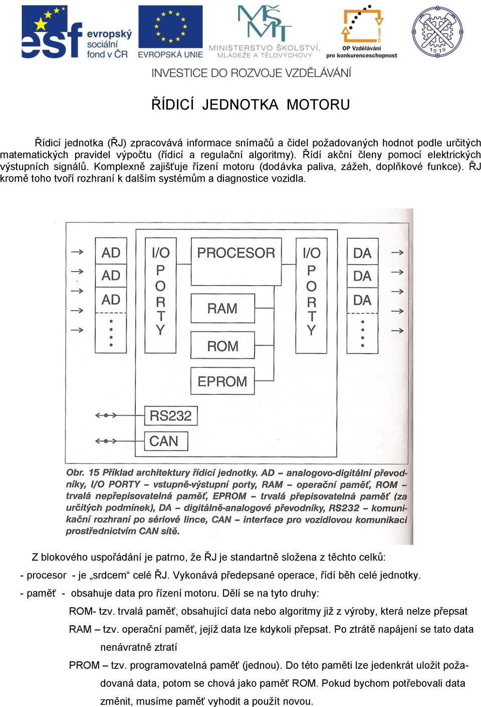 ŘJ kromě toho tvoří rozhraní k dalším systémům a diagnostice vozidla. Z blokového uspořádání je patrno, že ŘJ je standartně složena z těchto celků: - procesor - je srdcem celé ŘJ.