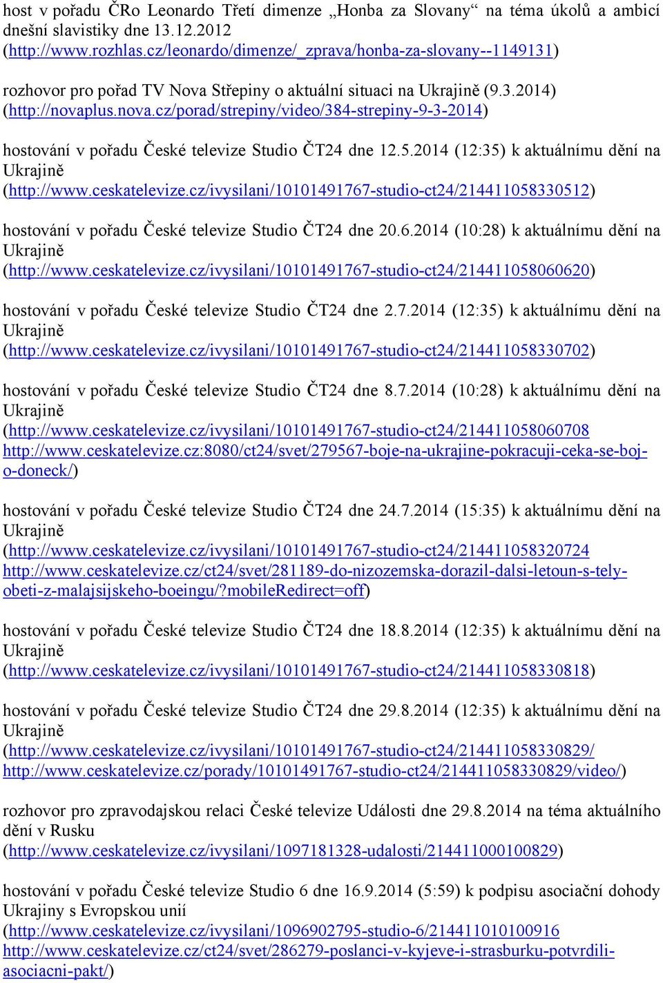 lus.nova.cz/porad/strepiny/video/384-strepiny-9-3-2014) hostování v pořadu České televize Studio ČT24 dne 12.5.2014 (12:35) k aktuálnímu dění na (http://www.ceskatelevize.