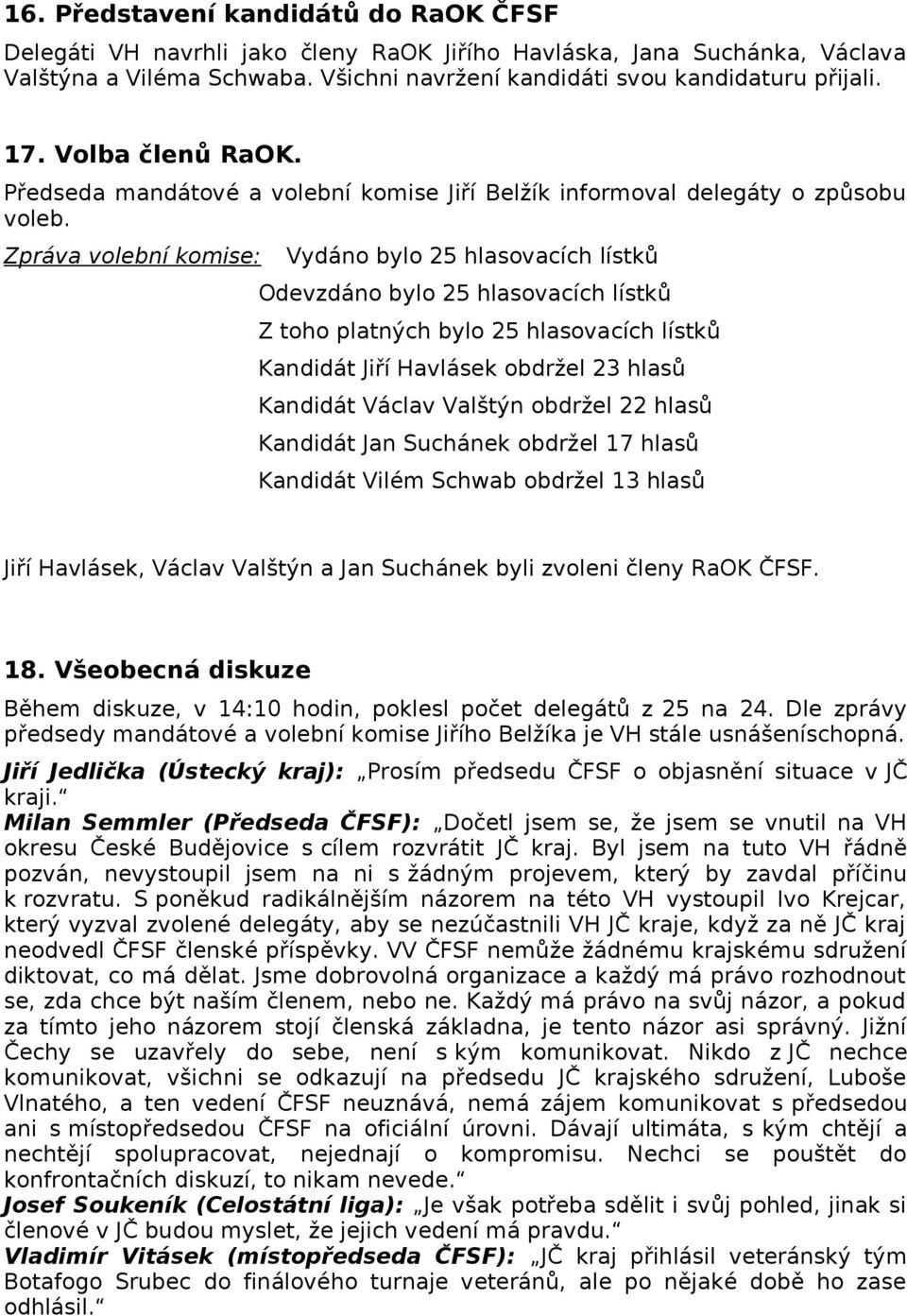 Zpráva volební komise: Vydáno bylo 25 hlasovacích lístků Odevzdáno bylo 25 hlasovacích lístků Z toho platných bylo 25 hlasovacích lístků Kandidát Jiří Havlásek obdržel 23 hlasů Kandidát Václav