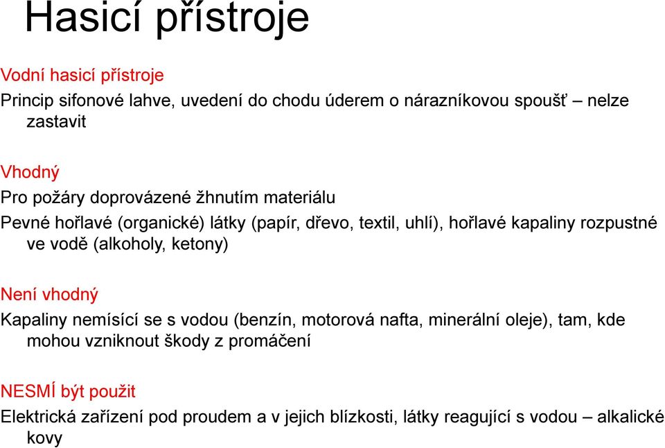 ve vodě (alkoholy, ketony) Není vhodný Kapaliny nemísící se s vodou (benzín, motorová nafta, minerální oleje), tam, kde mohou