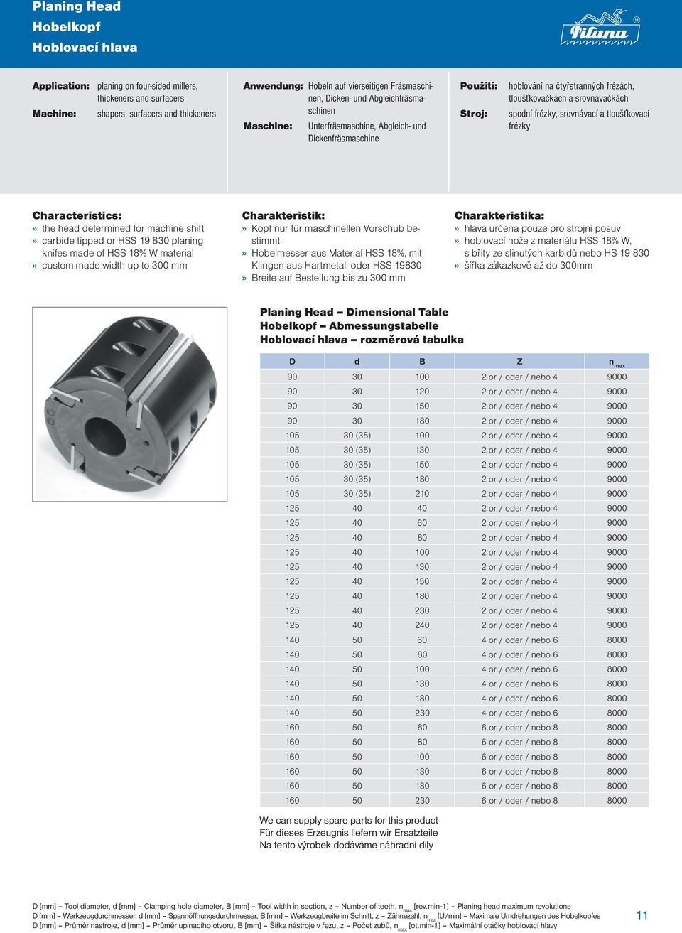 spodní frézky, srovnávací a tloušťkovací frézky Characteristics:» the head determined for machine shift» carbide tipped or HSS 19 830 planing knifes made of HSS 18% W material» custom-made width up