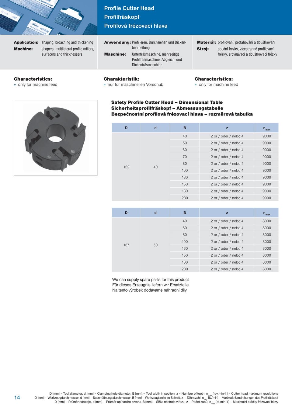 spodní frézky, vícestranné profilovací frézky, srovnávací a tloušťkovací frézky Characteristics:» only for machine feed Charakteristik:» nur für maschinellen Vorschub Characteristics:» only for