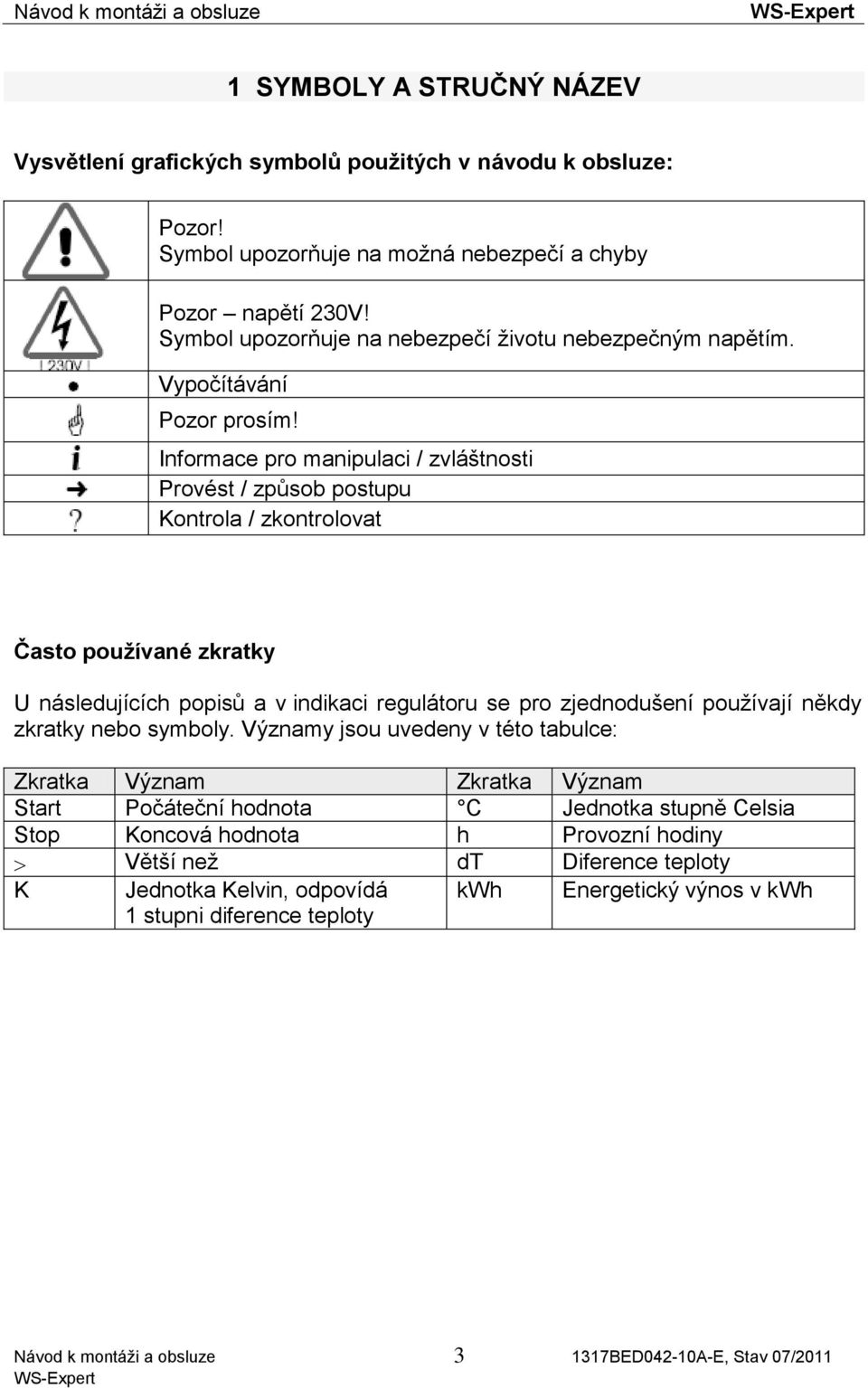 Informace pro manipulaci / zvláštnosti Provést / způsob postupu Kontrola / zkontrolovat Často používané zkratky U následujících popisů a v indikaci regulátoru se pro zjednodušení používají někdy