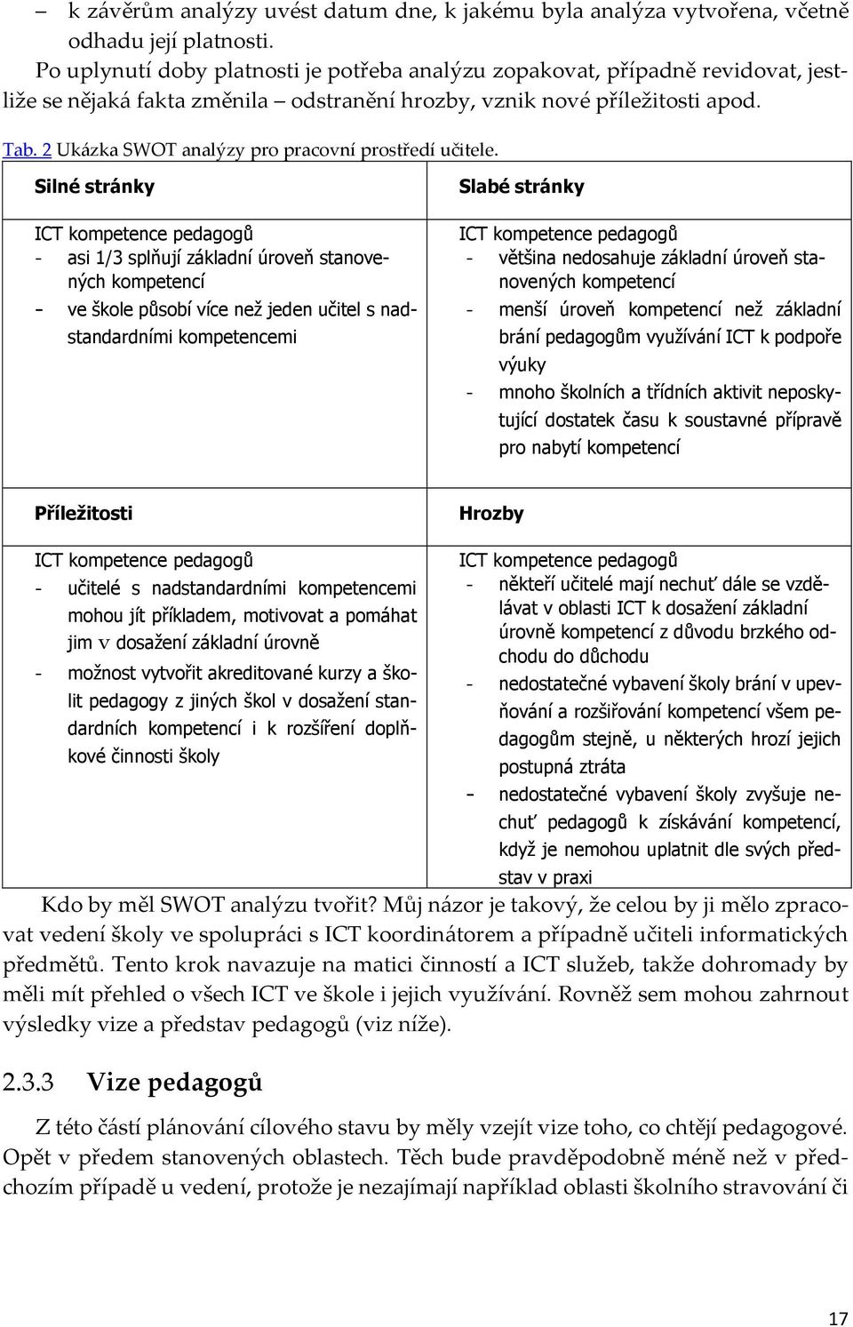 2 Ukázka SWOT analýzy pro pracovní prostředí učitele.