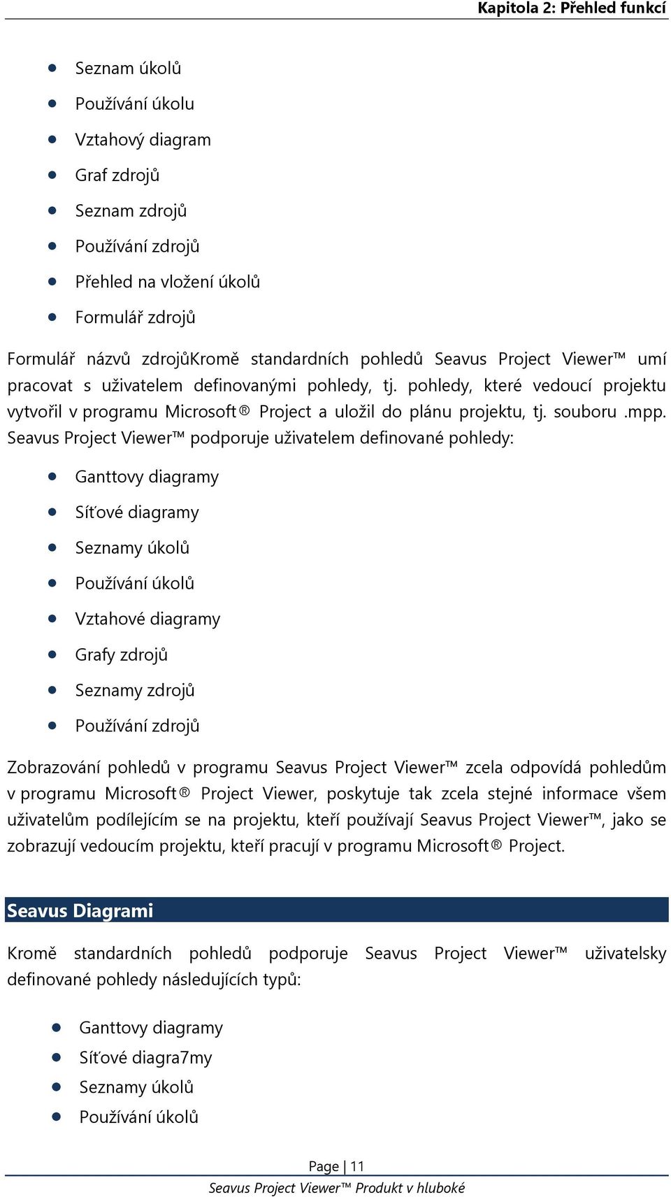 Seavus Project Viewer podporuje uživatelem definované pohledy: Ganttovy diagramy Síťové diagramy Seznamy úkolů Používání úkolů Vztahové diagramy Grafy zdrojů Seznamy zdrojů Používání zdrojů