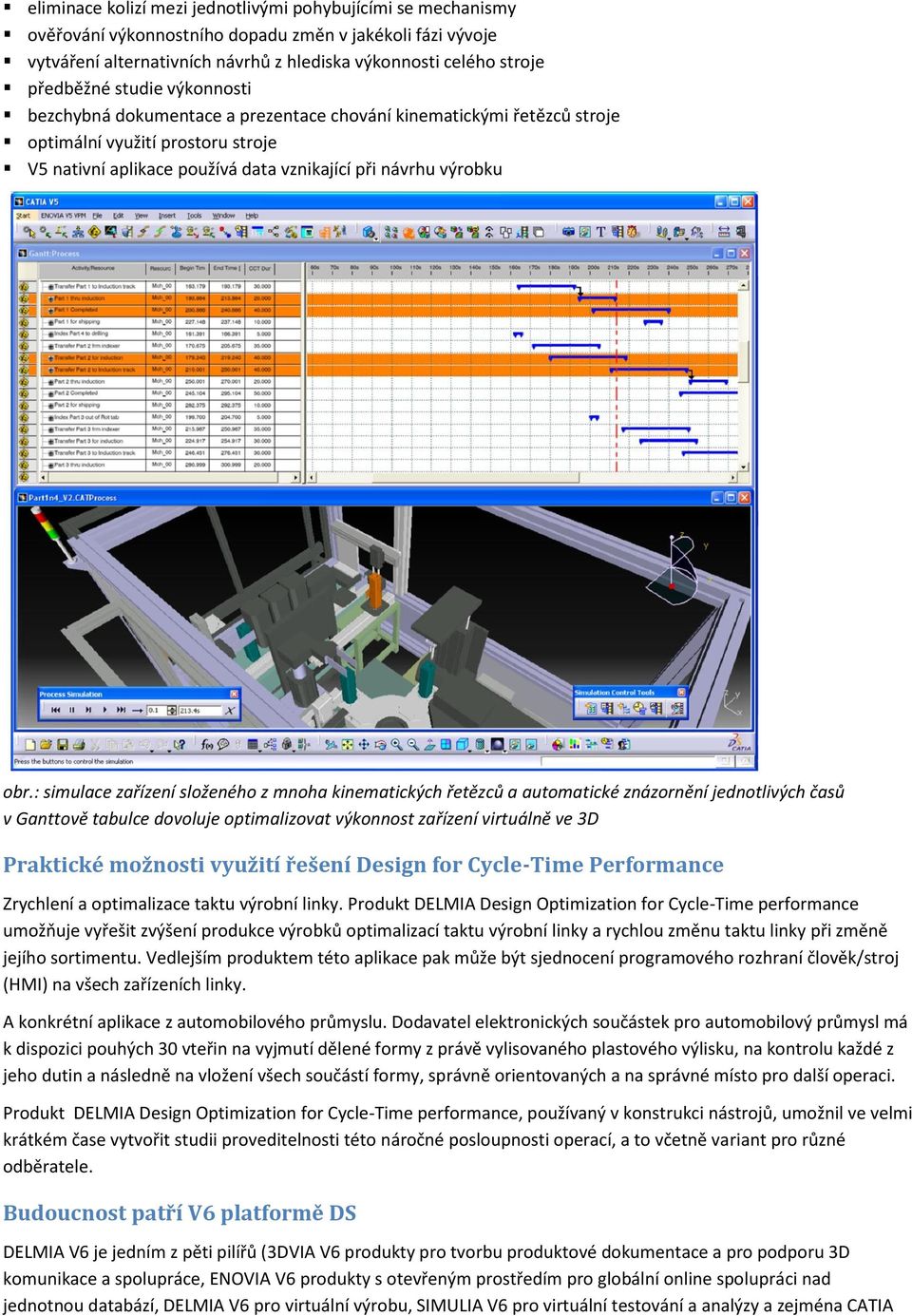 : simulace zařízení složeného z mnoha kinematických řetězců a automatické znázornění jednotlivých časů v Ganttově tabulce dovoluje optimalizovat výkonnost zařízení virtuálně ve 3D Praktické možnosti