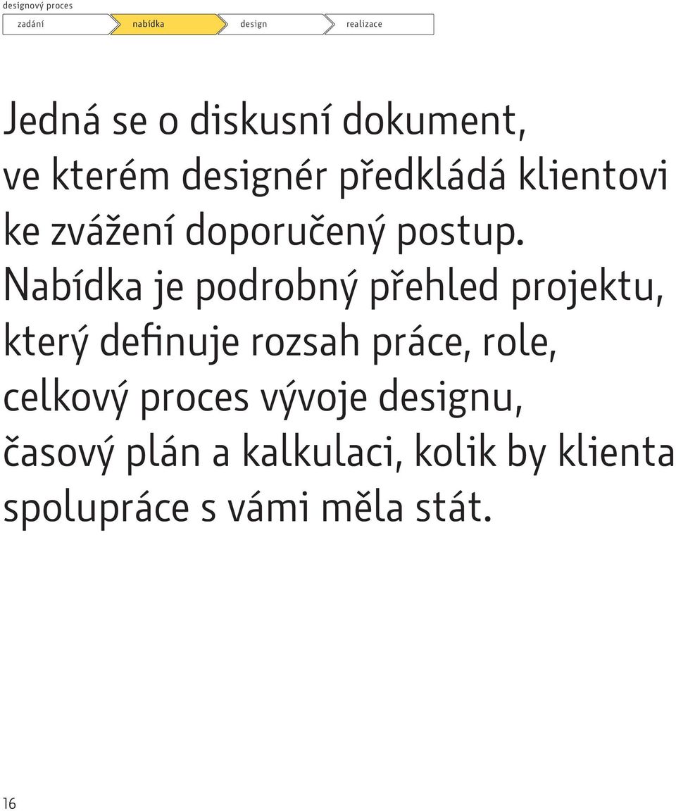 Nabídka je podrobný přehled projektu, který definuje rozsah práce, role, celkový