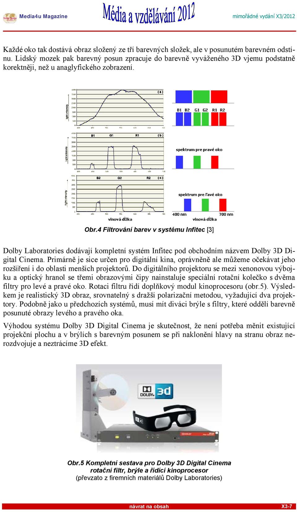 4 Filtrování barev v systému Infitec [3] Dolby Laboratories dodávají kompletní systém Infitec pod obchodním názvem Dolby 3D Digital Cinema.