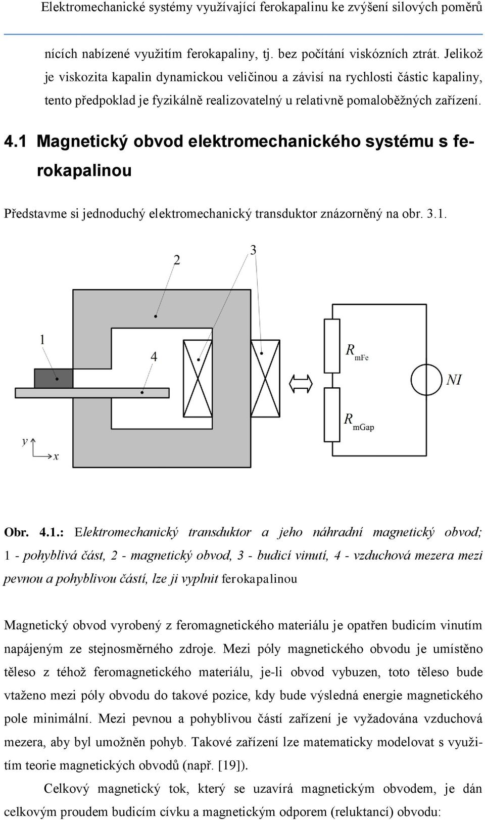 1 Magnetický obvod elektromechanického systému s ferokapalinou Představme si jednoduchý elektromechanický transduktor znázorněný na obr. 3.1. Obr. 4.1.: Elektromechanický transduktor a jeho náhradní