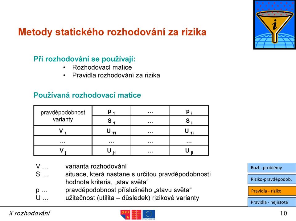 11 U 1i V j U j1 U ji varianta rozhodování situace, která nastane s určitou pravděpodobností hodnota