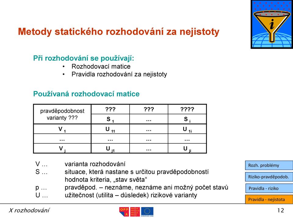 ???????????? S 1 S i V S p U V 1 U 11 U 1i V j U j1 U ji varianta rozhodování situace, která nastane s určitou