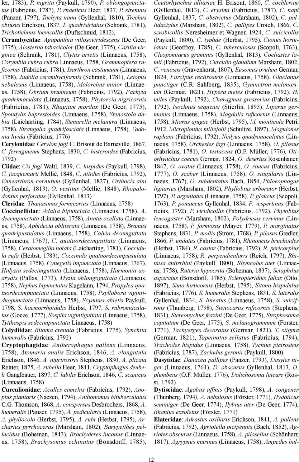 (Schrank, 1781), Clytus arietis (Linnaeus, 1758), Corymbia rubra rubra Linnaeus, 1758, Grammoptera ruficornis (Fabricius, 1781), Isarthron castaneum (Linnaeus, 1758), Judolia cerambyciformis