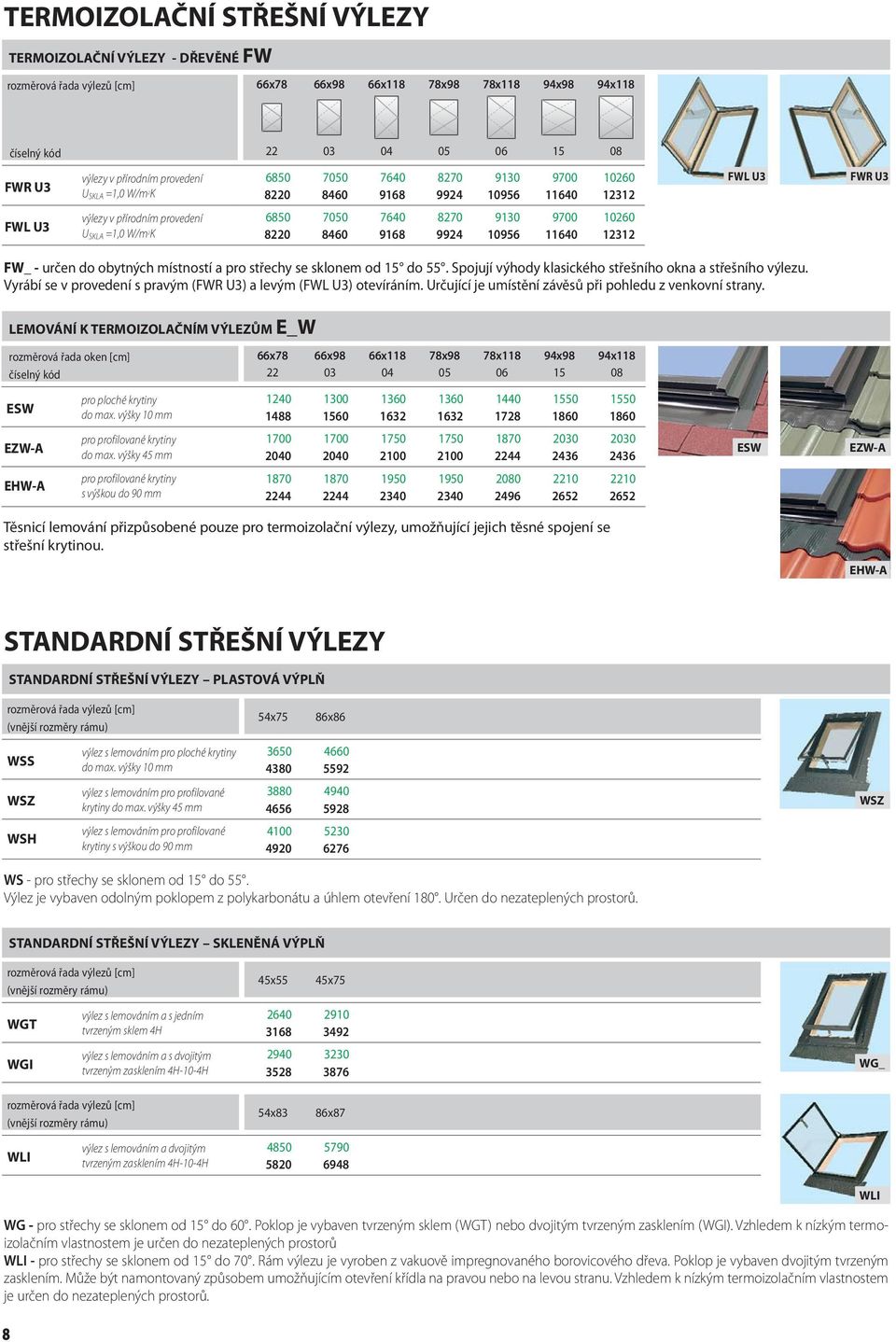 9700 10260 8220 8460 9168 9924 10956 11640 12312 FW_ - určen do obytných místností a pro střechy se sklonem od 15 do 55. Spojují výhody klasického střešního okna a střešního výlezu.