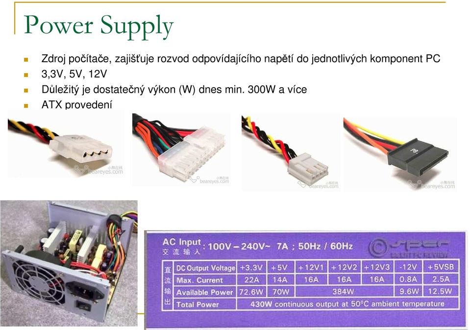 komponent PC 3,3V, 5V, 12V Důležitý je