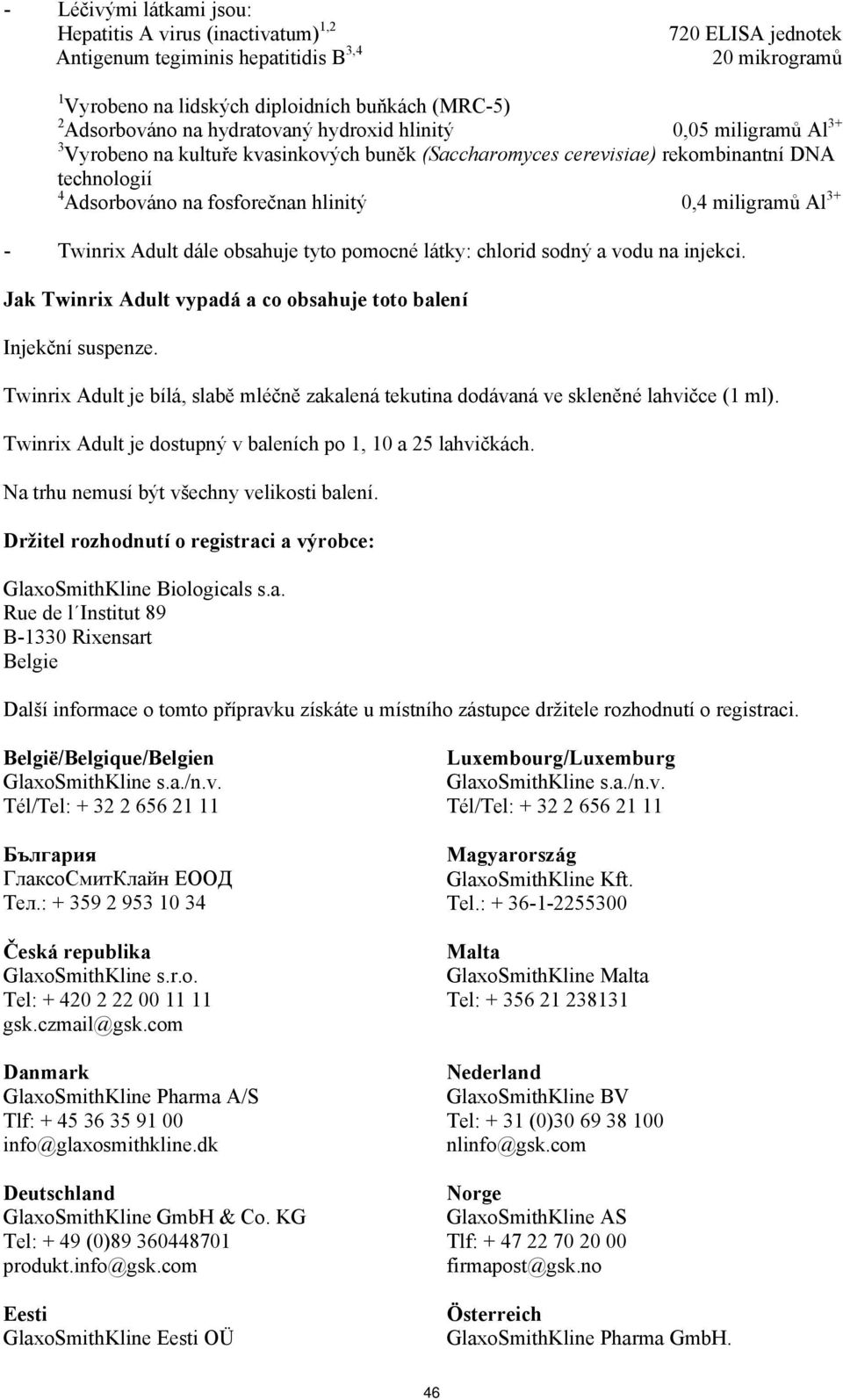 Al 3+ - Twinrix Adult dále obsahuje tyto pomocné látky: chlorid sodný a vodu na injekci. Jak Twinrix Adult vypadá a co obsahuje toto balení Injekční suspenze.