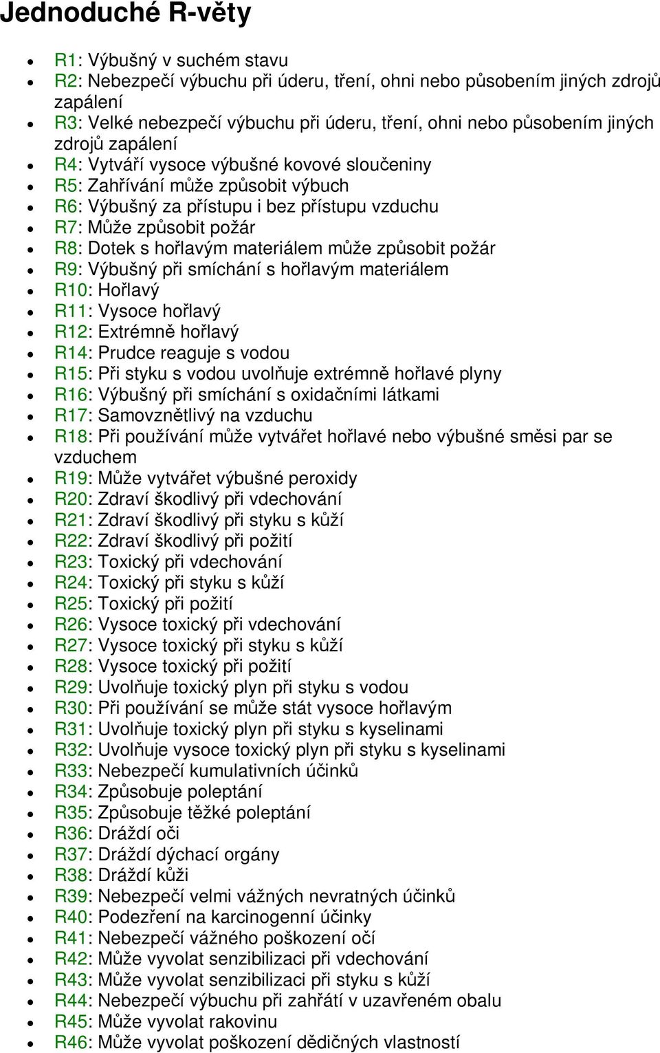 R9: Výbušný pi smíchání s holavým materiálem R10: Holavý R11: Vysoce holavý R12: Extrémn holavý R14: Prudce reaguje s vodou R15: Pi styku s vodou uvoluje extrémn holavé plyny R16: Výbušný pi smíchání