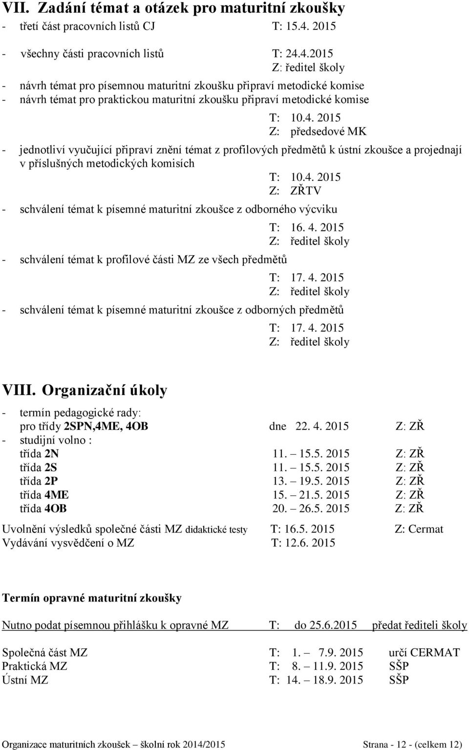 4.2015 Z: ředitel školy - návrh témat pro písemnou maturitní zkoušku připraví metodické komise - návrh témat pro praktickou maturitní zkoušku připraví metodické komise T: 10.4. 2015 Z: předsedové MK - jednotliví vyučující připraví znění témat z profilových předmětů k ústní zkoušce a projednají v příslušných metodických komisích T: 10.