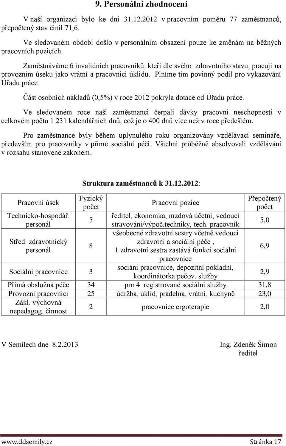 Zaměstnáváme 6 invalidních pracovníků, kteří dle svého zdravotního stavu, pracují na provozním úseku jako vrátní a pracovnici úklidu. Plníme tím povinný podíl pro vykazování Úřadu práce.