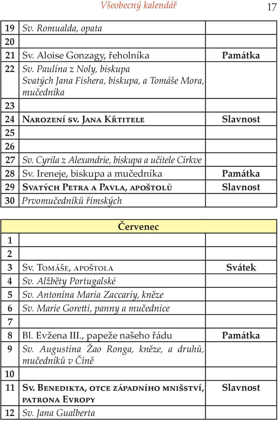 Cyrila z Alexandrie, biskupa a učitele Církve 28 Sv. Ireneje, biskupa a mučedníka Památka 29 S P P, Slavnost 30 Prvomučedníků římských Červenec 1 2 3 S.