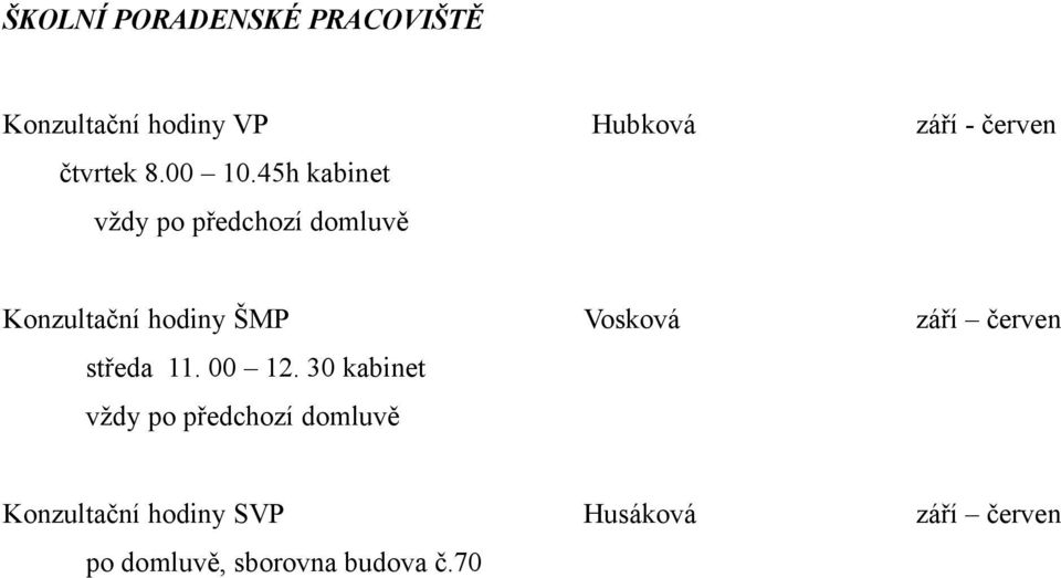 45h kabinet vždy po předchozí domluvě Konzultační hodiny ŠMP Vosková září