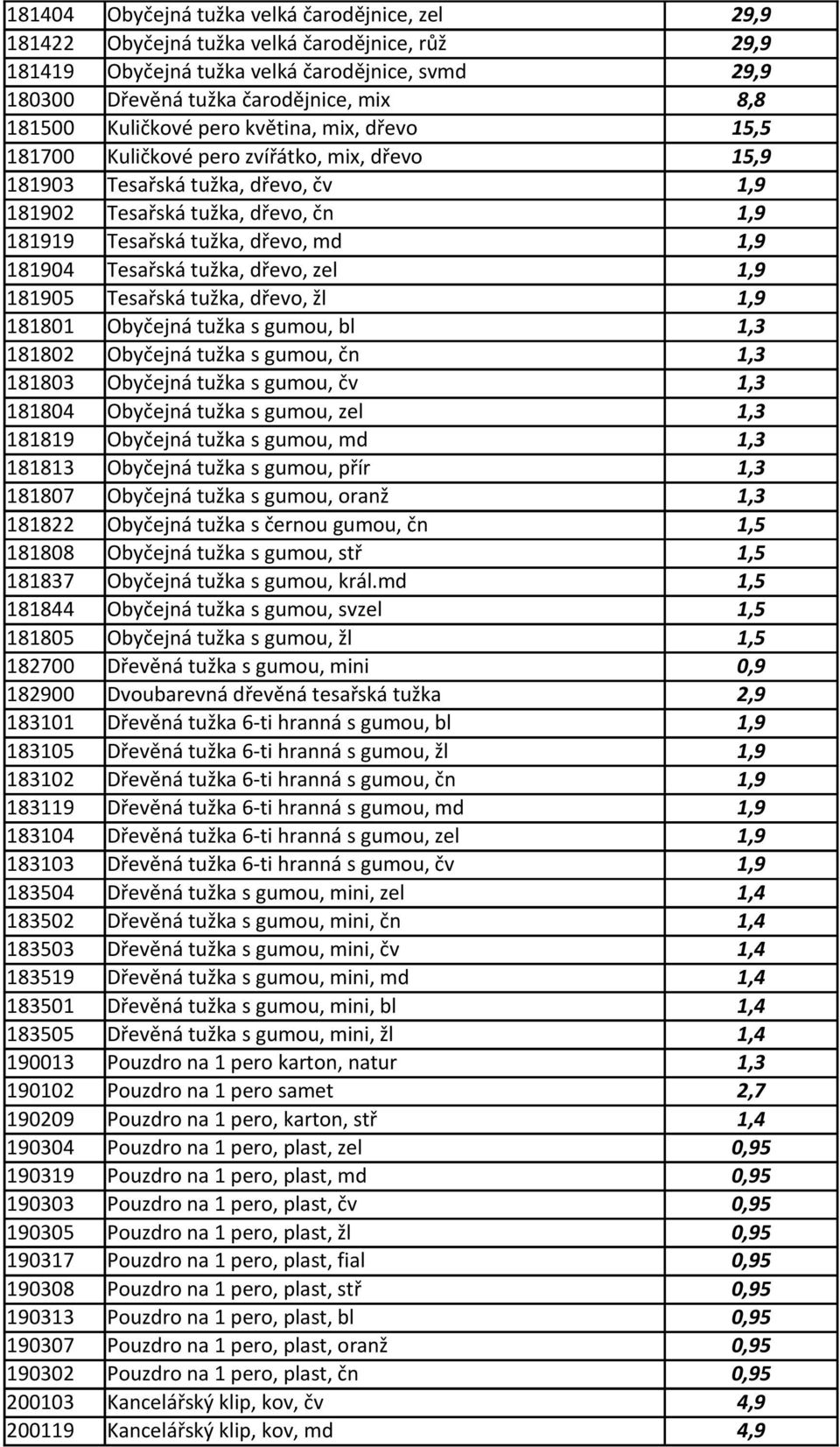 181904 Tesařská tužka, dřevo, zel 1,9 181905 Tesařská tužka, dřevo, žl 1,9 181801 Obyčejná tužka s gumou, bl 1,3 181802 Obyčejná tužka s gumou, čn 1,3 181803 Obyčejná tužka s gumou, čv 1,3 181804