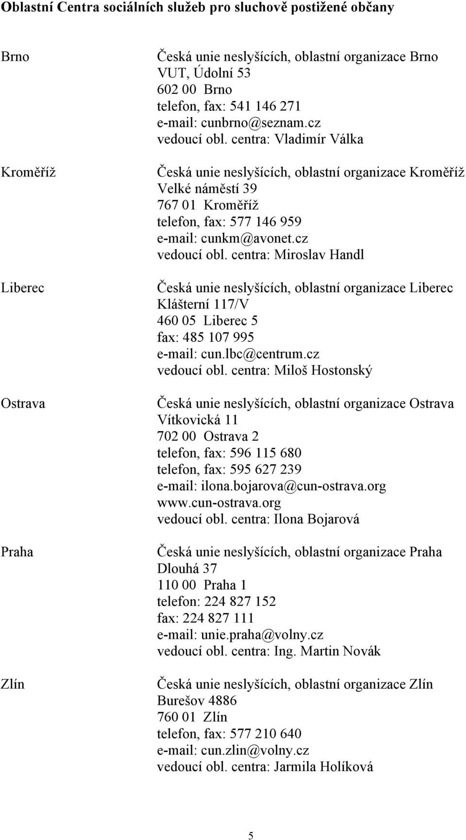 centra: Vladimír Válka Česká unie neslyšících, oblastní organizace Kroměříž Velké náměstí 39 767 01 Kroměříž telefon, fax: 577 146 959 e-mail: cunkm@avonet.cz vedoucí obl.