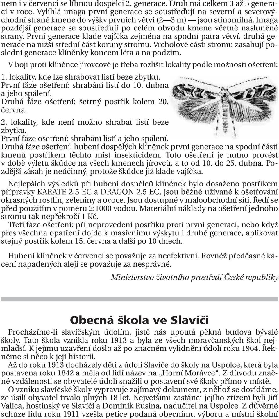 Imaga pozdější generace se soustřeďují po celém obvodu kmene včetně nasluněné strany. První generace klade vajíčka zejména na spodní patra větví, druhá generace na nižší střední část koruny stromu.