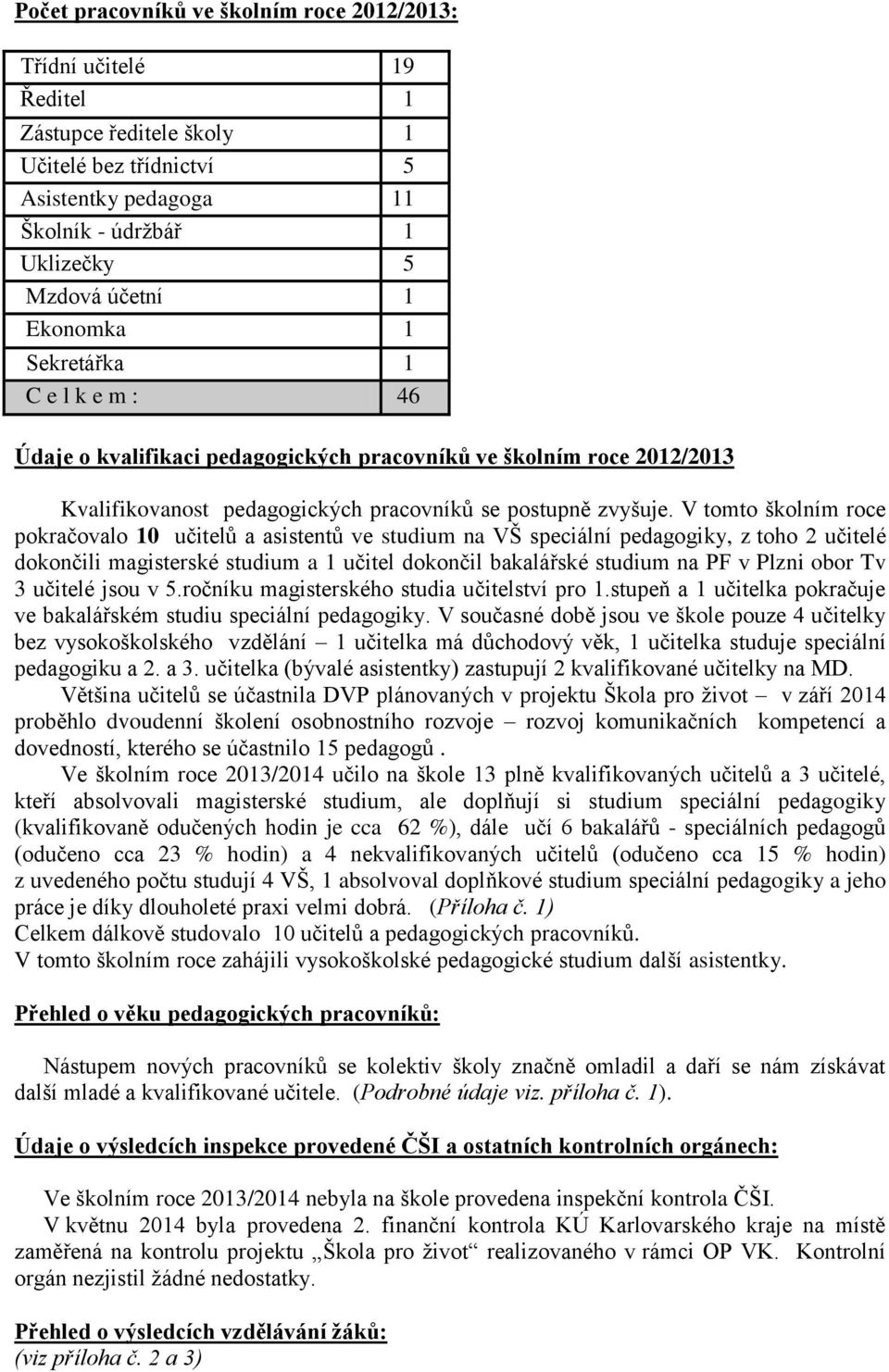 V tomto školním roce pokračovalo 10 učitelů a asistentů ve studium na VŠ speciální pedagogiky, z toho 2 učitelé dokončili magisterské studium a 1 učitel dokončil bakalářské studium na PF v Plzni obor