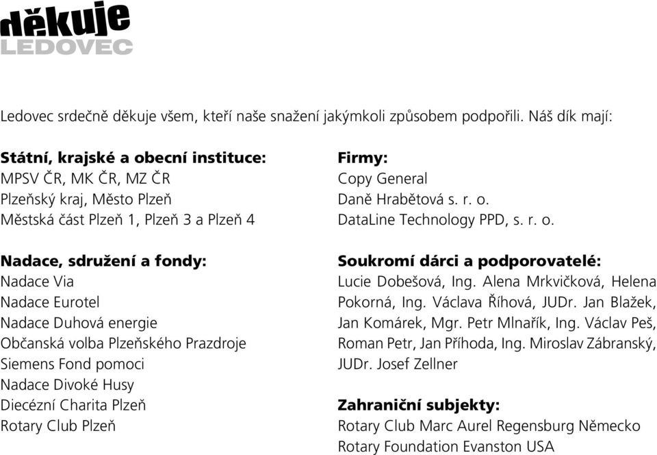 Duhová energie Občanská volba Plzeňského Prazdroje Siemens Fond pomoci Nadace Divoké Husy Diecézní Charita Plzeň Rotary Club Plzeň Firmy: Copy General Daně Hrabětová s. r. o.