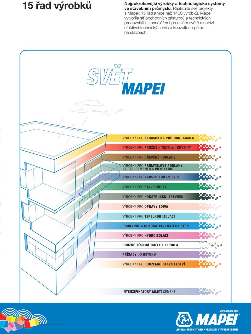 SVĚT MAPEI VÝROBKY PRO KERAMIKU A PŘÍRODNÍ KÁMEN VÝROBKY PRO PRUŽNÉ A TEXTILNÍ KRYTINY VÝROBKY PRO DŘEVĚNÉ PODLAHY VÝROBKY PRO PRŮMYSLOVÉ PODLAHY NA BÁZI CEMENTU A PRYSKYŘIC VÝROBKY PRO AKUSTICKOU