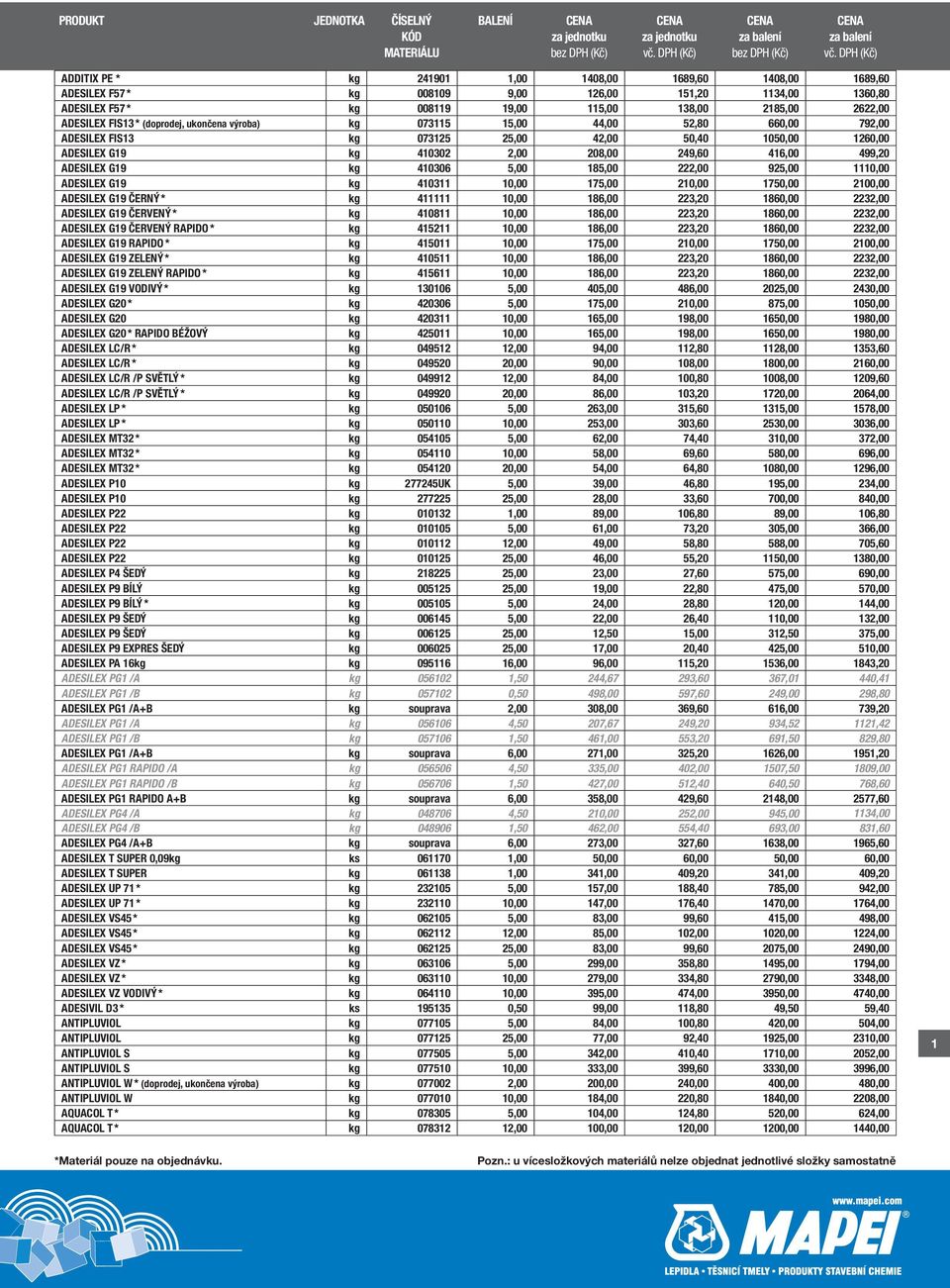 kg 410306 5,00 185,00 222,00 925,00 1110,00 ADESILEX G19 kg 410311 10,00 175,00 210,00 1750,00 2100,00 ADESILEX G19 ČERNÝ * kg 411111 10,00 186,00 223,20 1860,00 2232,00 ADESILEX G19 ČERVENÝ * kg