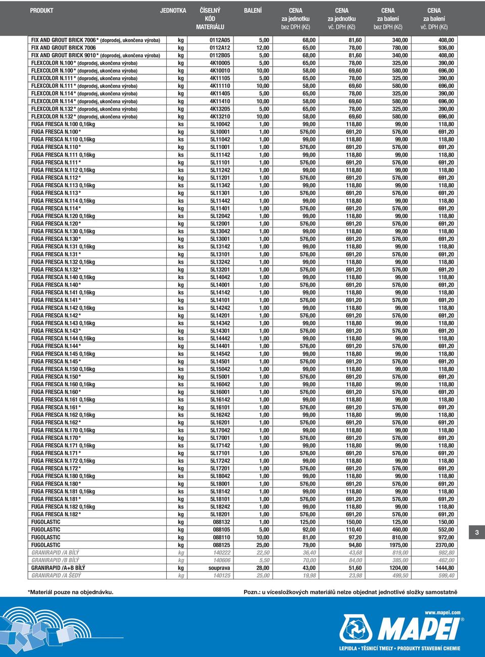 100 * (doprodej, ukončena výroba) kg 4K10010 10,00 58,00 69,60 580,00 696,00 FLEXCOLOR N.111 * (doprodej, ukončena výroba) kg 4K11105 5,00 65,00 78,00 325,00 390,00 FLEXCOLOR N.