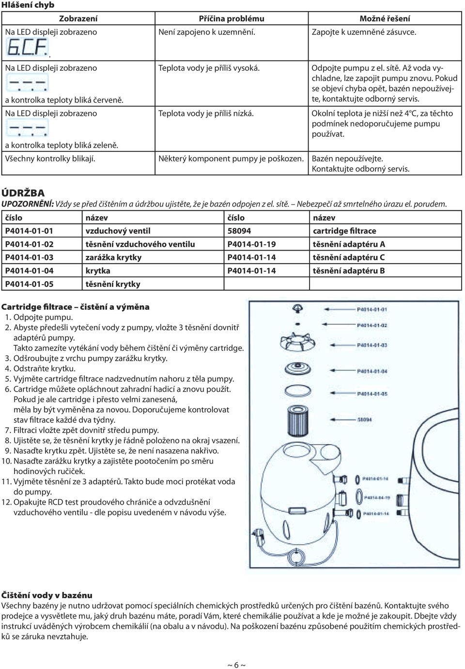 Pokud se objeví chyba opět, bazén nepoužívejte, kontaktujte odborný servis. Okolní teplota je nižší než 4 C, za těchto podmínek nedoporučujeme pumpu používat. a kontrolka teploty bliká zeleně.