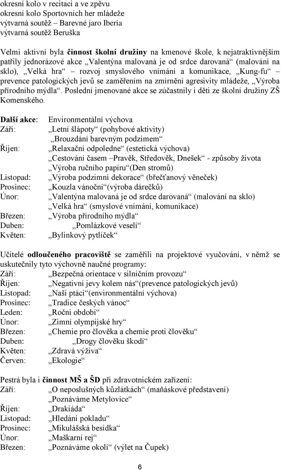 zaměřením na zmírnění agresivity mládeže, Výroba přírodního mýdla. Poslední jmenované akce se zúčastnily i děti ze školní družiny ZŠ Komenského.