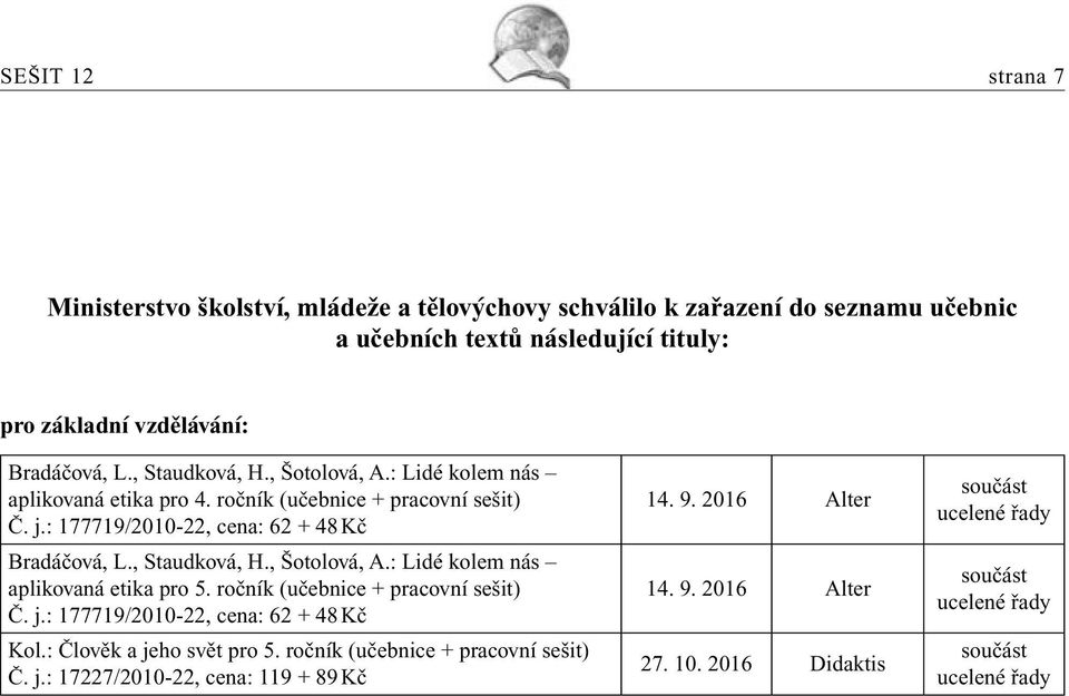 ročník (učebnice + pracovní sešit) Č. j.: 177719/2010-22, cena: 62 + 48 Kč Kol.: Člověk a jeho svět pro 5. ročník (učebnice + pracovní sešit) Č. j.: 17227/2010-22, cena: 119 + 89 Kč 14.