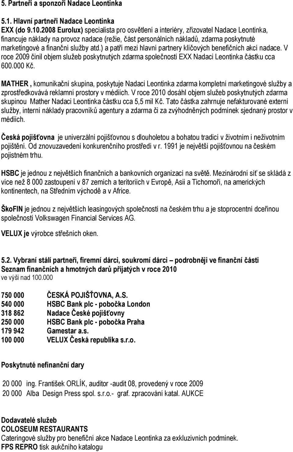 sluţby atd.) a patří mezi hlavní partnery klíčových benefičních akcí nadace. V roce 2009 činil objem sluţeb poskytnutých zdarma společností EXX Nadaci Leontinka částku cca 600.000 Kč.