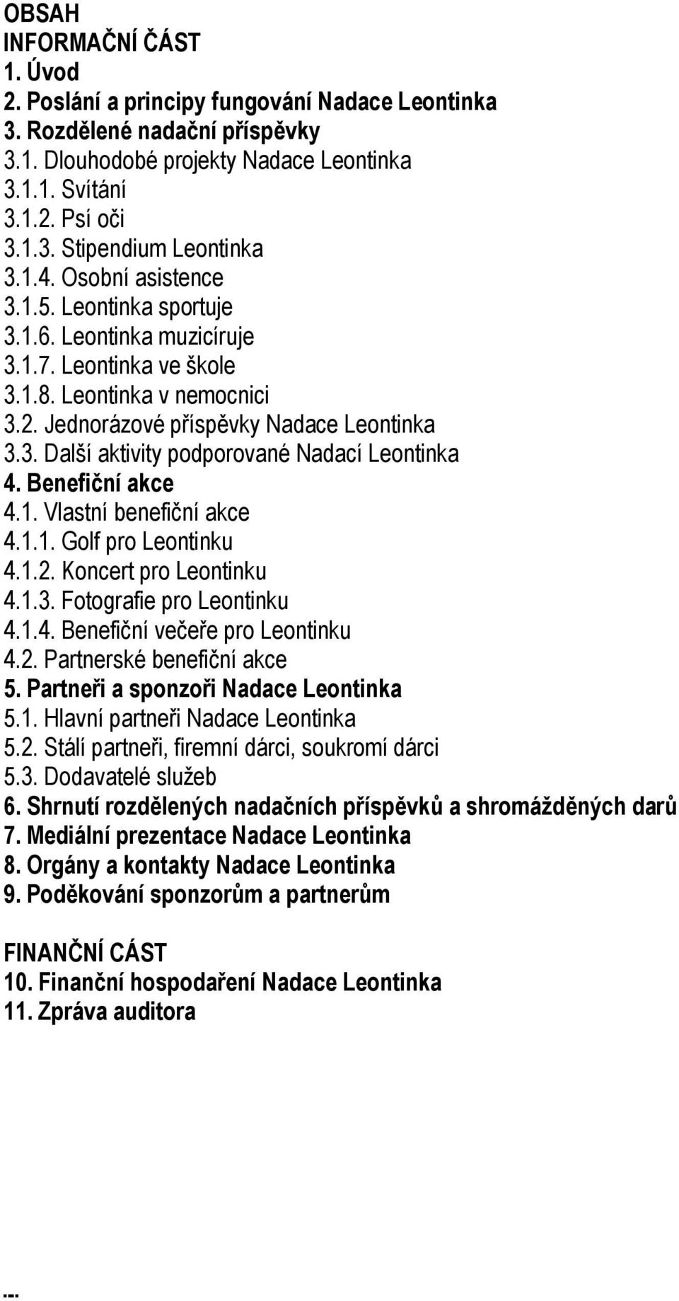 Benefiční akce 4.1. Vlastní benefiční akce 4.1.1. Golf pro Leontinku 4.1.2. Koncert pro Leontinku 4.1.3. Fotografie pro Leontinku 4.1.4. Benefiční večeře pro Leontinku 4.2. Partnerské benefiční akce 5.