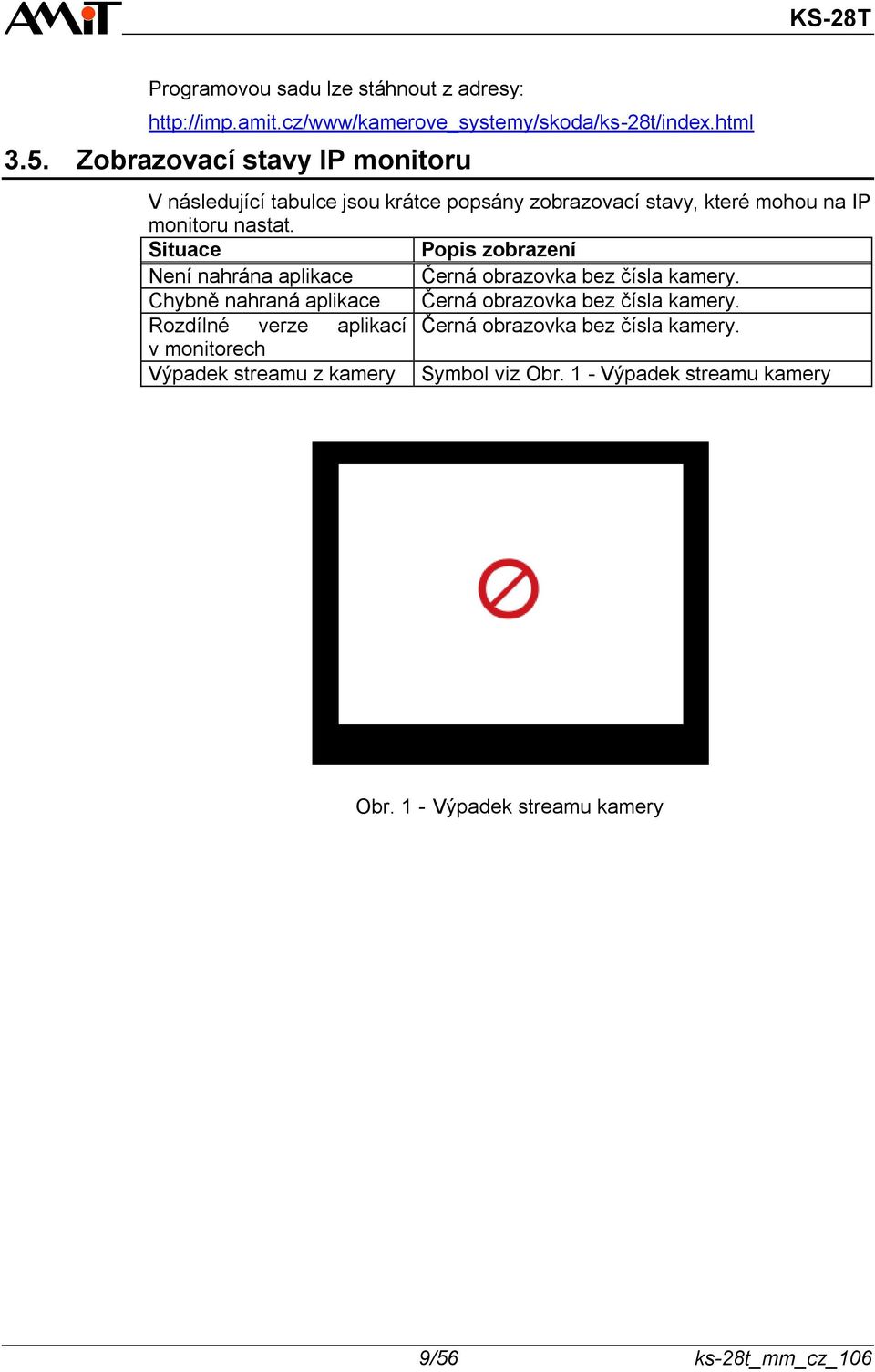 Situace Popis zobrazení Není nahrána aplikace Černá obrazovka bez čísla kamery. Chybně nahraná aplikace Černá obrazovka bez čísla kamery.