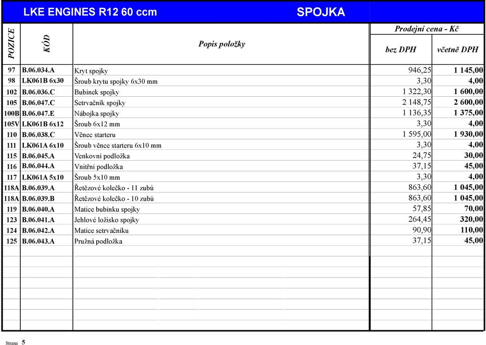 A 5 Popis položky Kryt spojky Šroub krytu spojky 6x30 mm Bubínek spojky Setrvačník spojky Nábojka spojky Šroub 6x12 mm Věnec starteru Šroub věnce starteru 6x10 mm Venkovní podložka Vnitřní podložka