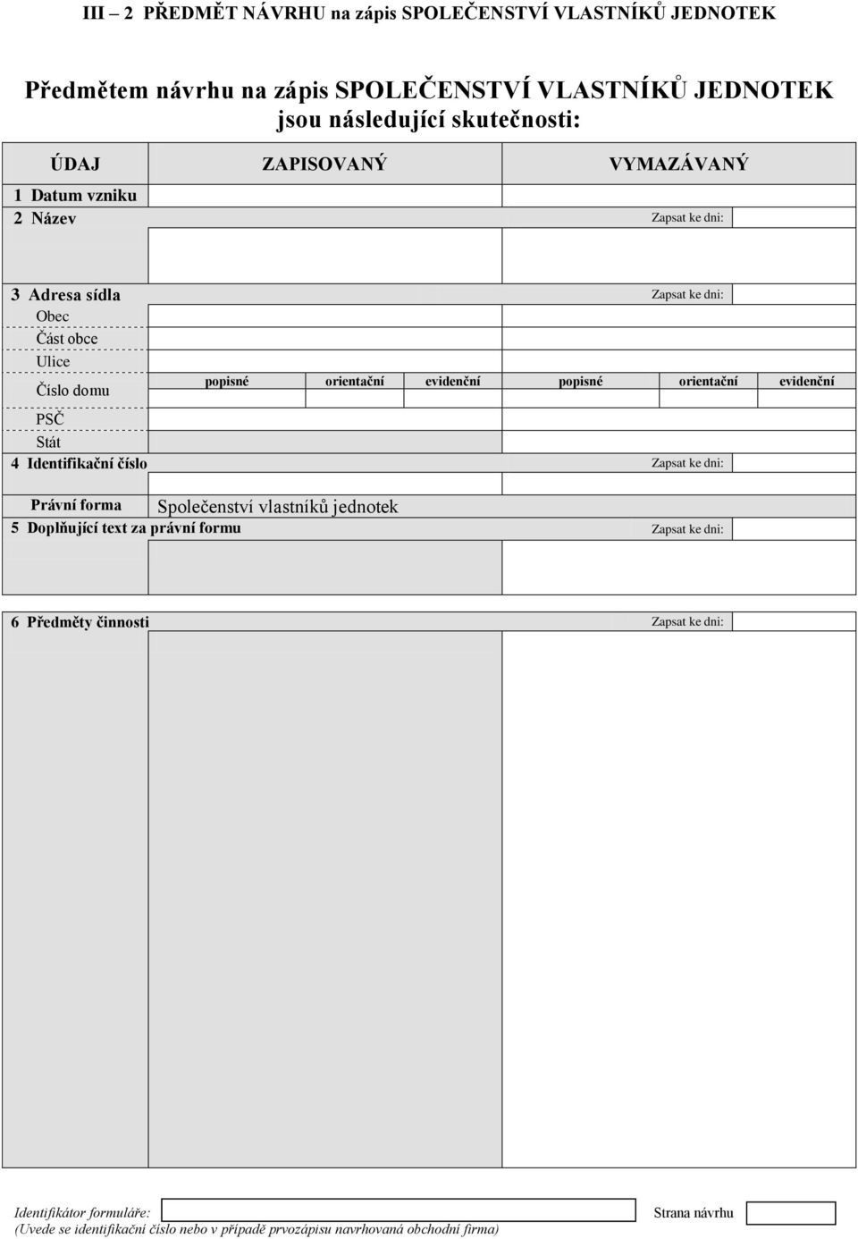 4 Identifikační číslo Zapsat ke dni: Společenství vlastníků jednotek Právní