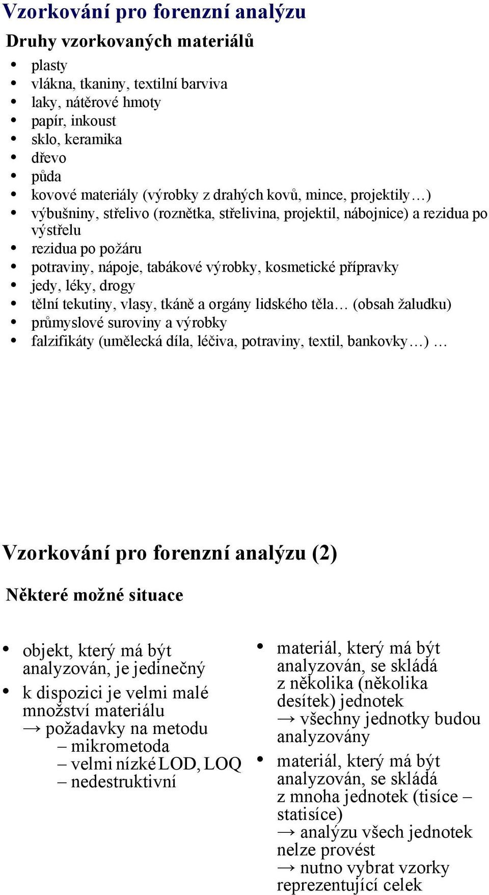 léky, drogy tělní tekutiny, vlasy, tkáně a orgány lidského těla (obsah žaludku) průmyslové suroviny a výrobky falzifikáty (umělecká díla, léčiva, potraviny, textil, bankovky ) Vzorkování pro forenzní