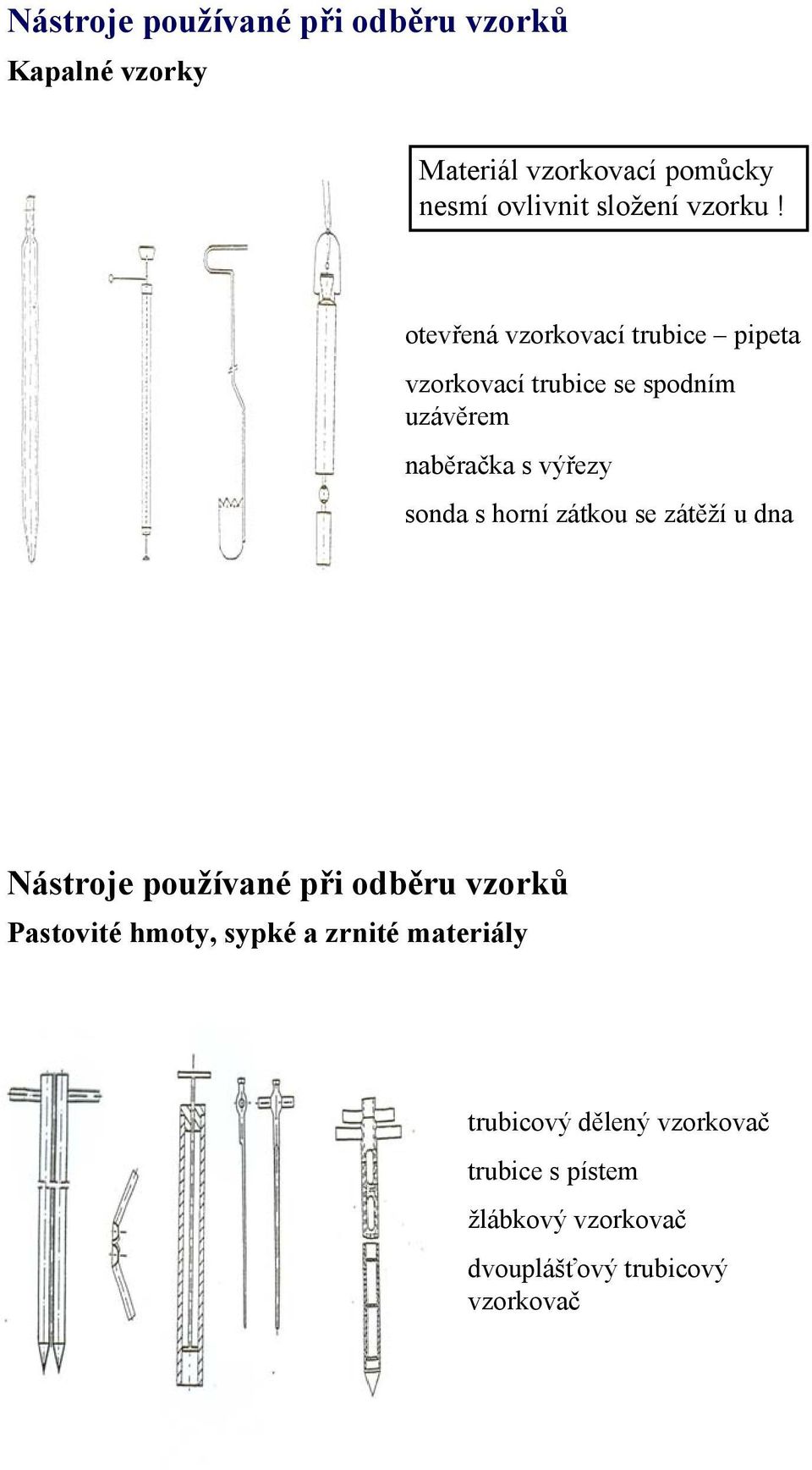 otevřená vzorkovací trubice pipeta vzorkovací trubice se spodním uzávěrem naběračka s výřezy sonda s