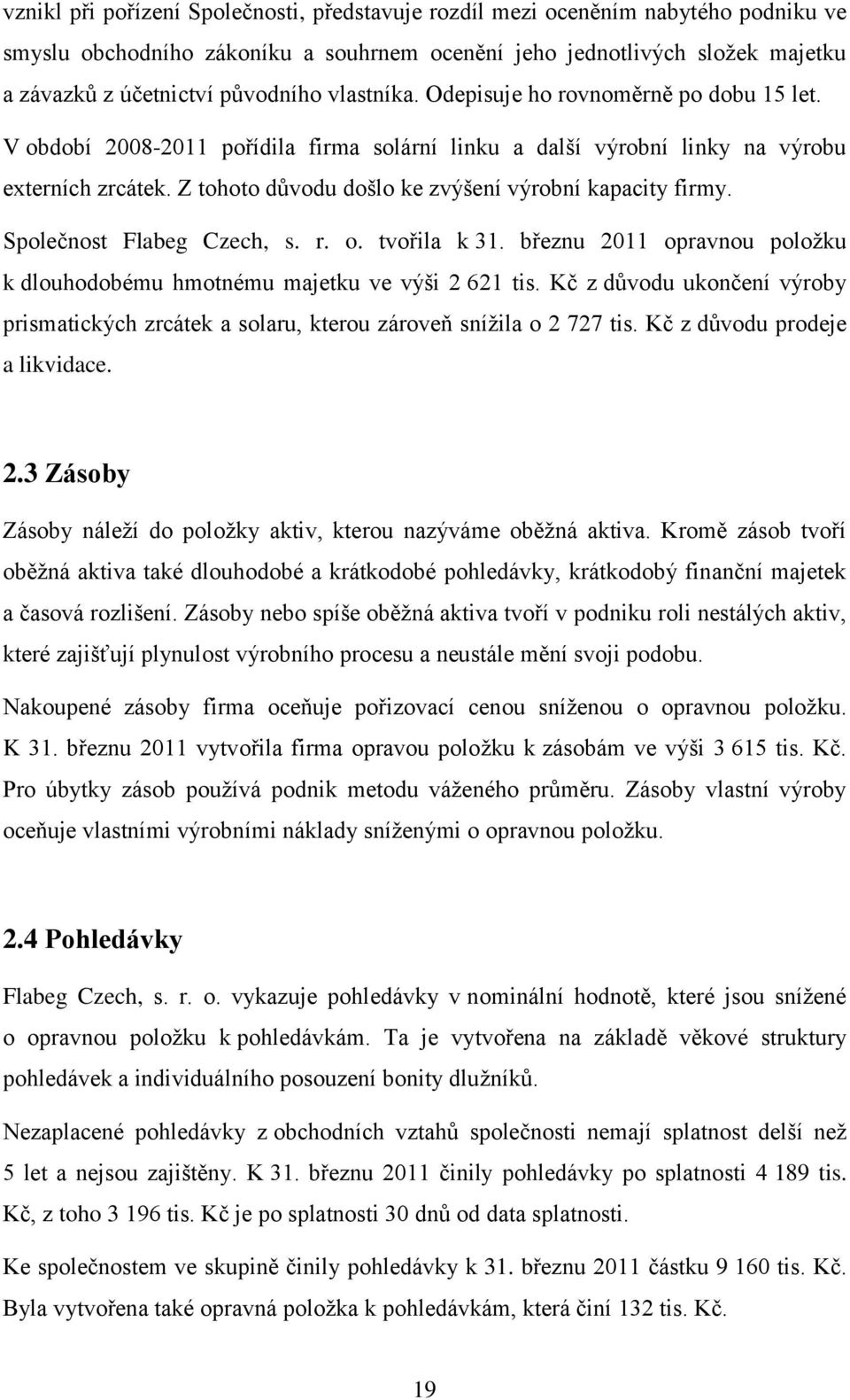 Z tohoto důvodu došlo ke zvýšení výrobní kapacity firmy. Společnost Flabeg Czech, s. r. o. tvořila k 31. březnu 2011 opravnou položku k dlouhodobému hmotnému majetku ve výši 2 621 tis.