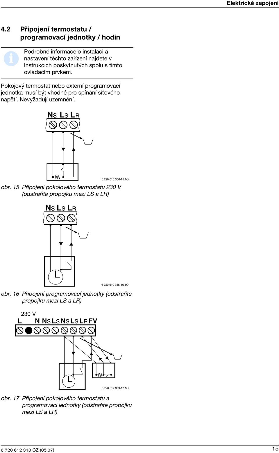ovládacím prvkem. Pokojov termostat nebo externí programovací jednotka musí b t vhodné pro spínání sí»ového napìtí. vyωadují uzemnìní. NS LS LR obr.