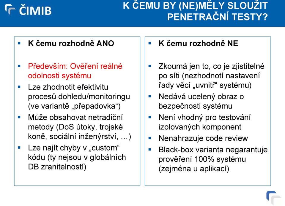 ) Může obsahovat netradiční metody (DoS útoky, trojské koně, sociální inženýrství, ) Lze najít chyby v custom kódu (ty nejsou v globálních DB zranitelností)