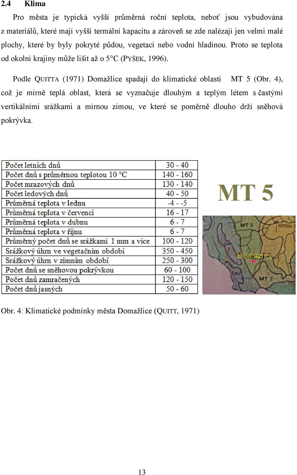 Proto se teplota od okolní krajiny může lišit až o 5 C (PYŠEK, 1996). Podle QUITTA (1971) Domažlice spadají do klimatické oblasti MT 5 (Obr.