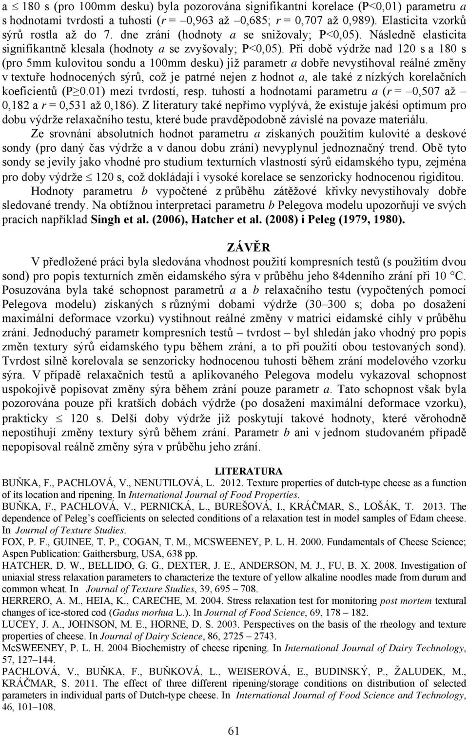 Při době výdrže nad 120 s a 180 s (pro 5mm kulovitou sondu a 100mm desku) již parametr a dobře nevystihoval reálné změny v textuře hodnocených sýrů, což je patrné nejen z hodnot a, ale také z nízkých