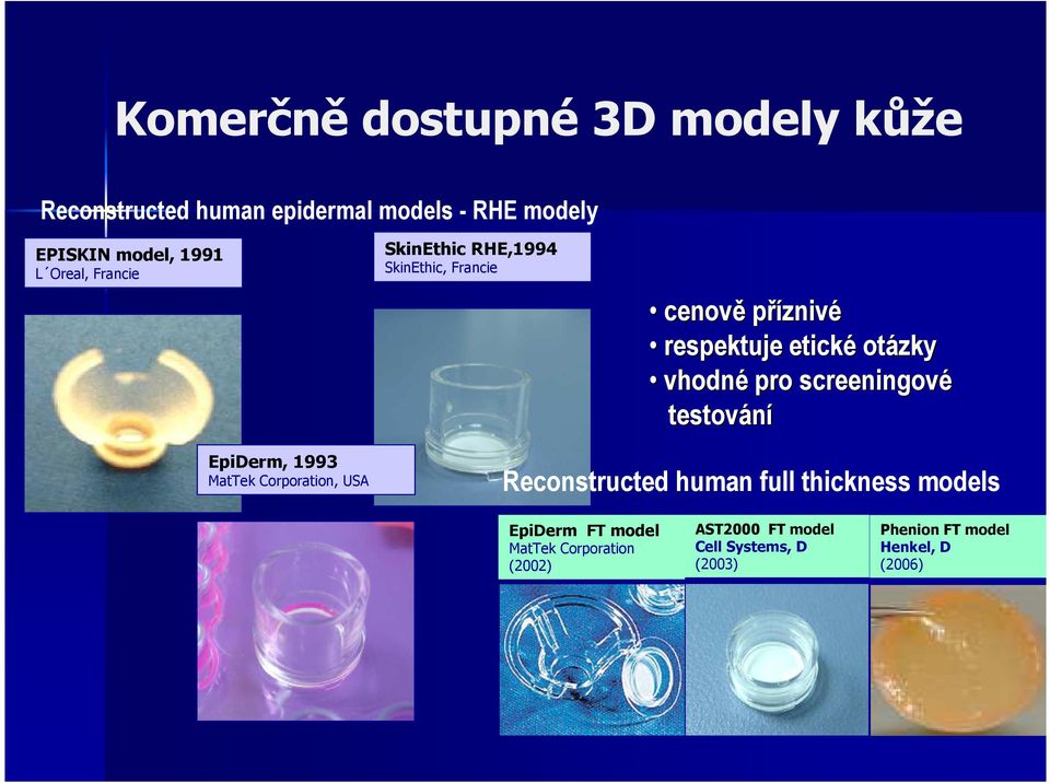 screeningové testování EpiDerm, 1993 MatTek Corporation, USA Reconstructed human full thickness models