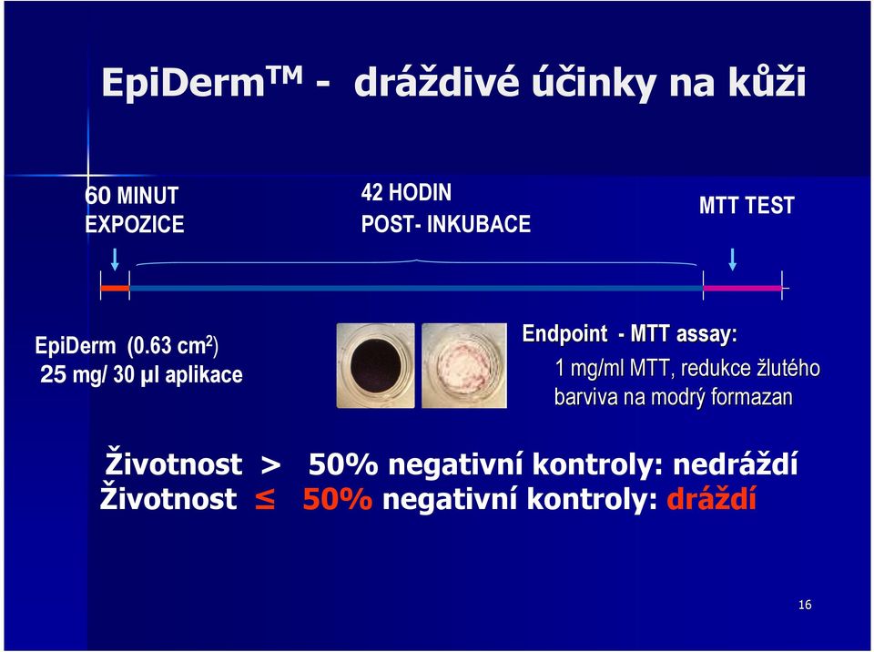 63 cm 2 ) 25 mg/ 30 µl aplikace Endpoint - MTT assay: 1 mg/ml MTT,