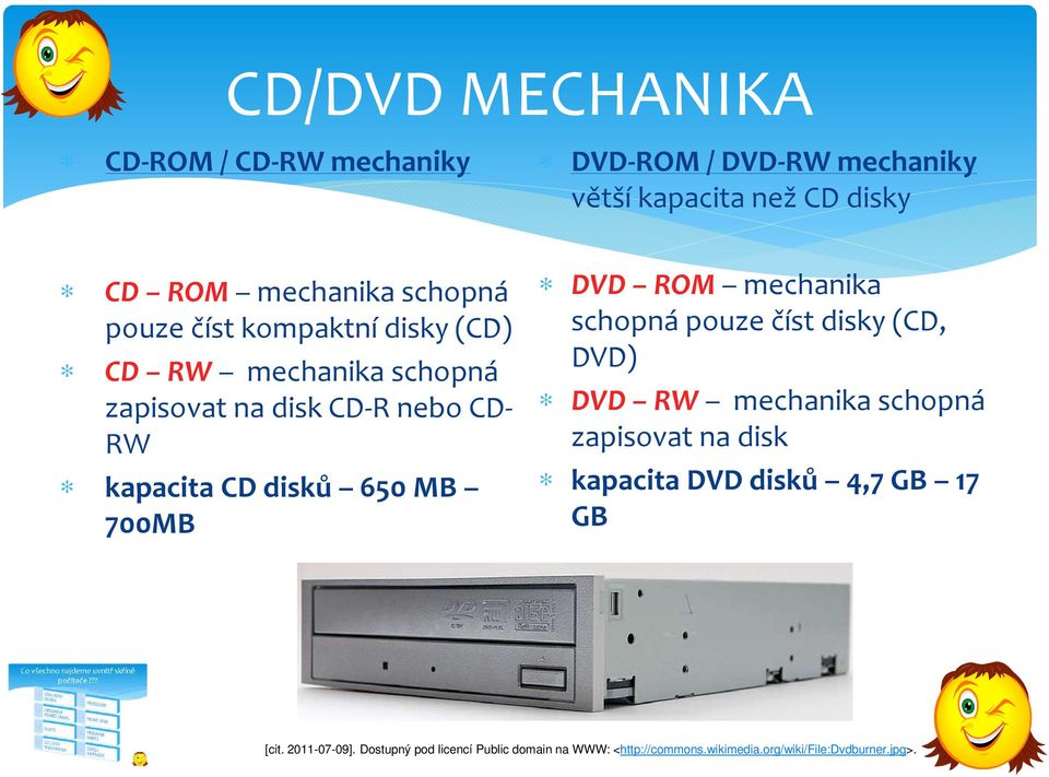 DVD ROM mechanika schopná pouze číst disky (CD, DVD) DVD RW mechanika schopná zapisovat na disk kapacita DVD disků 4,7 GB